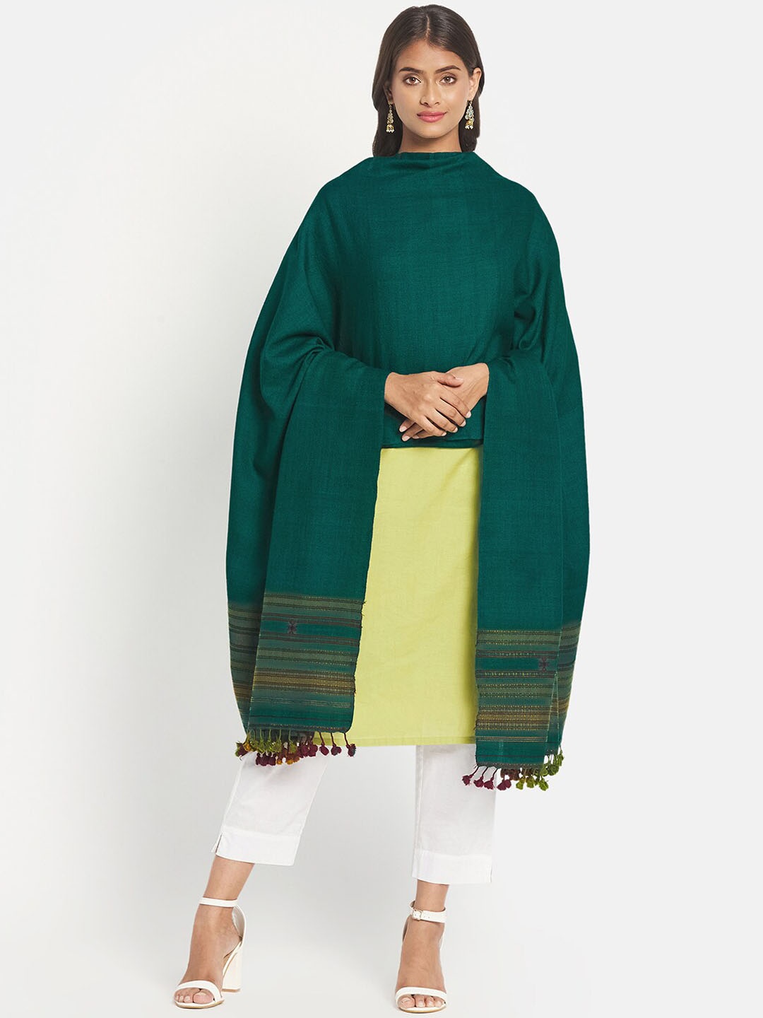 

Fabindia Women Green Solid Tasselled Shawl