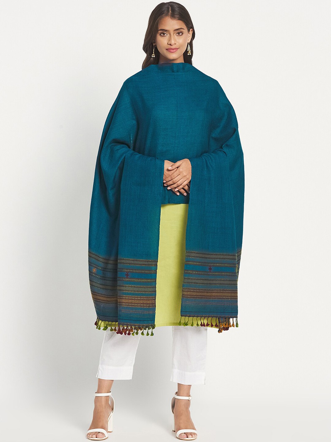 

Fabindia Women Teal Woven Design Pure Wool Shawl