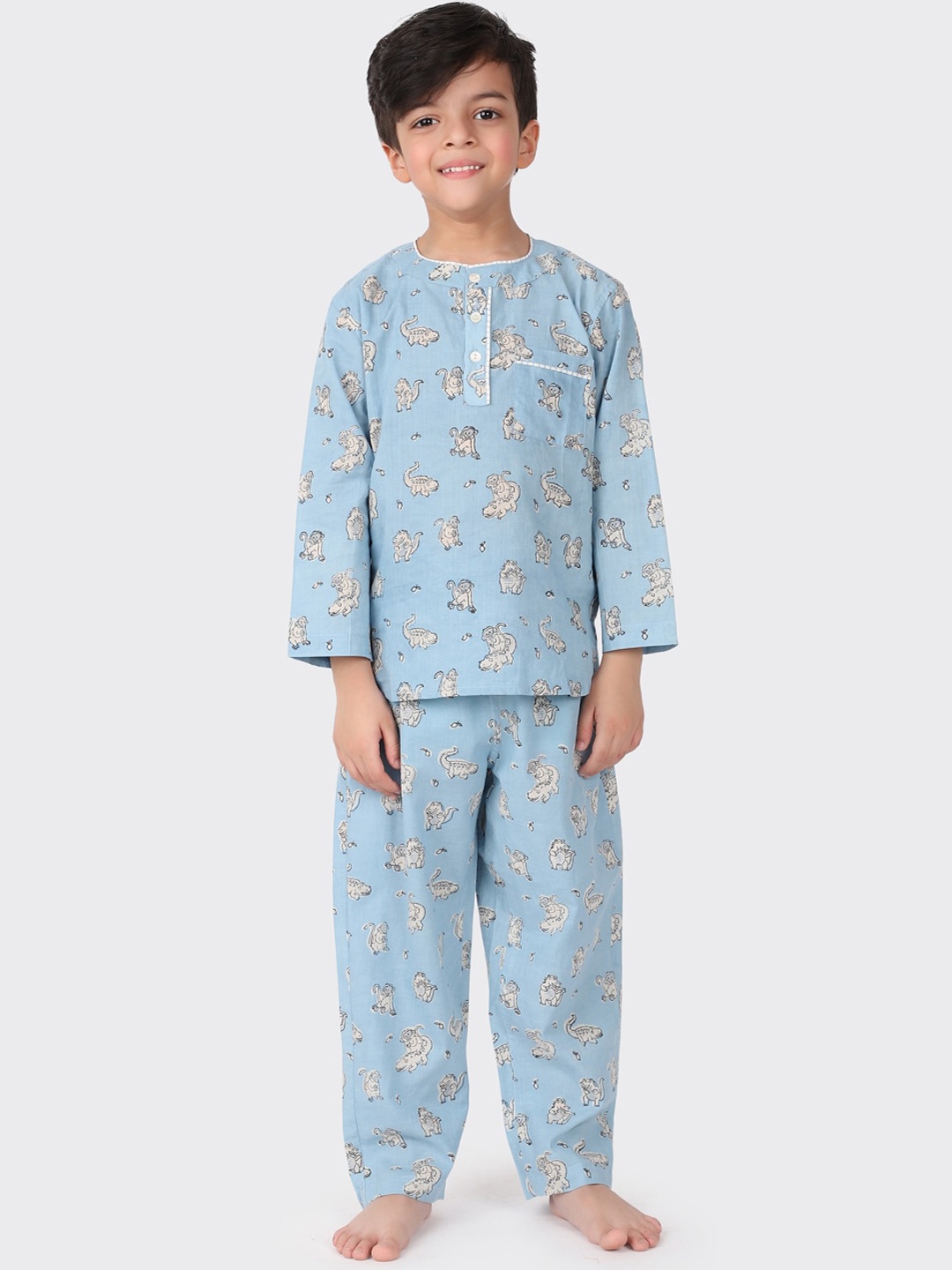 

Fabindia Boys Blue & White Printed Pure Cotton Night suit