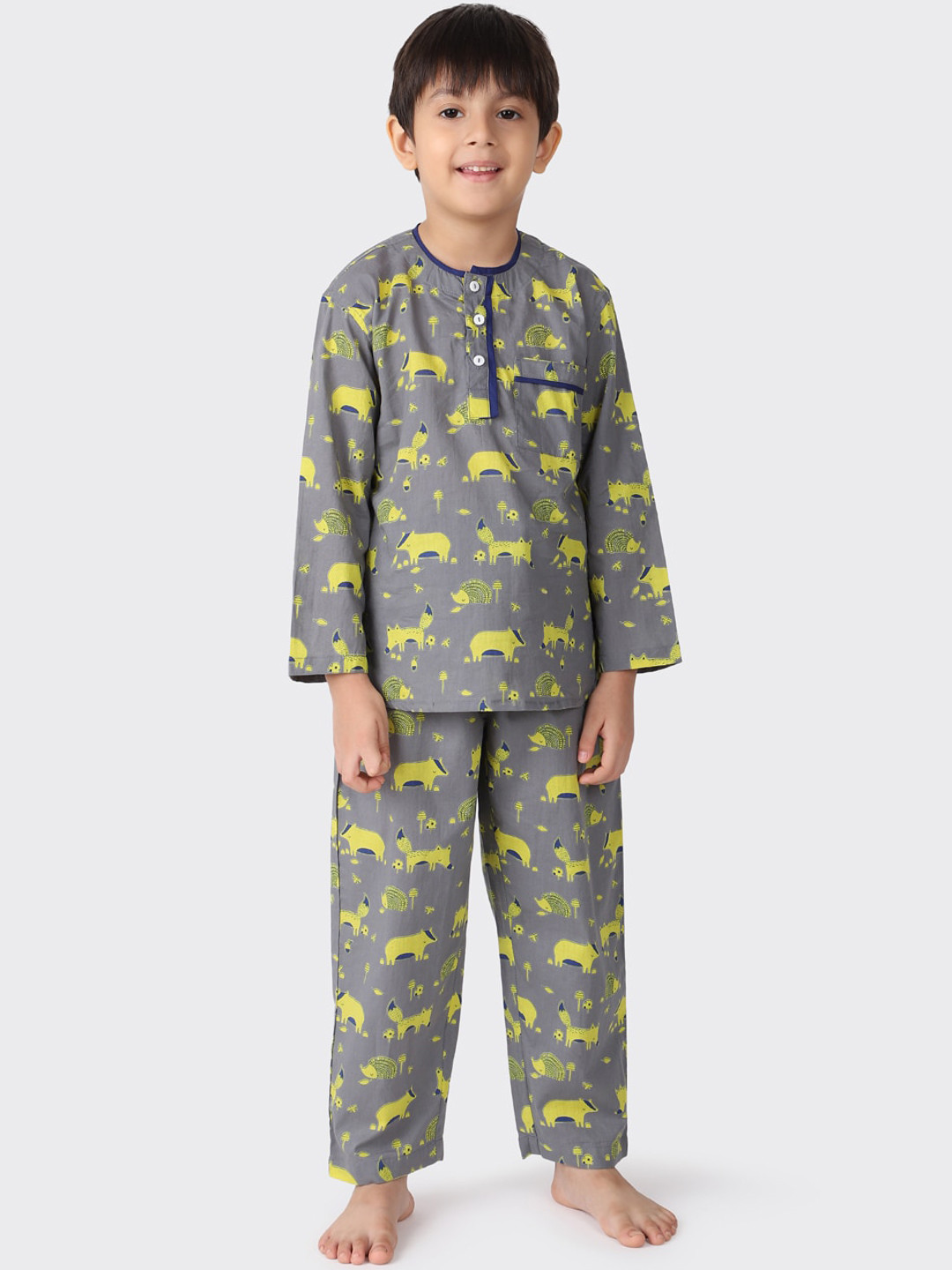 

Fabindia Boys Grey & Yellow Printed Night suit