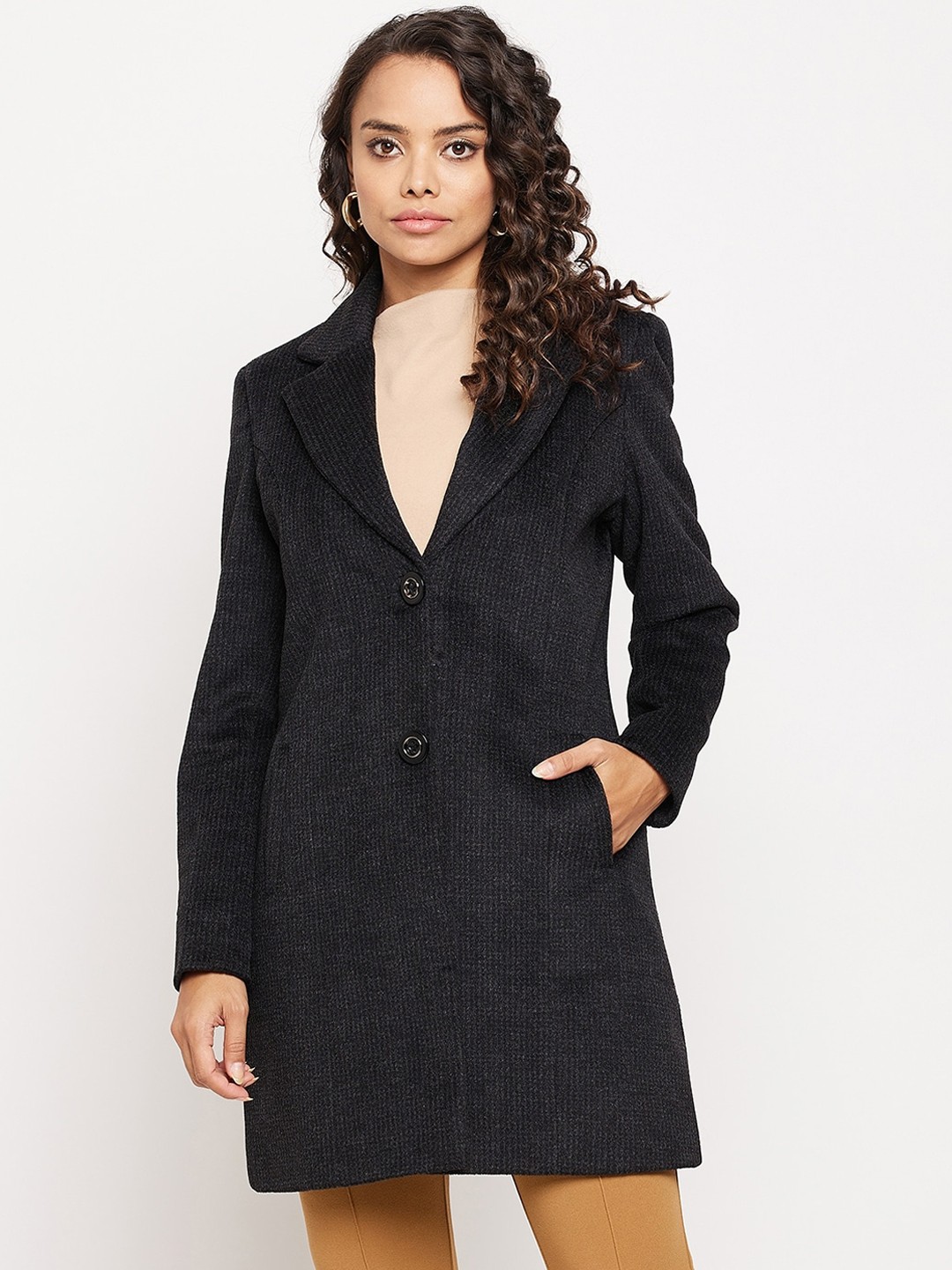 

Duke Women Black Self Design Wool Single-Breasted Trench Coat