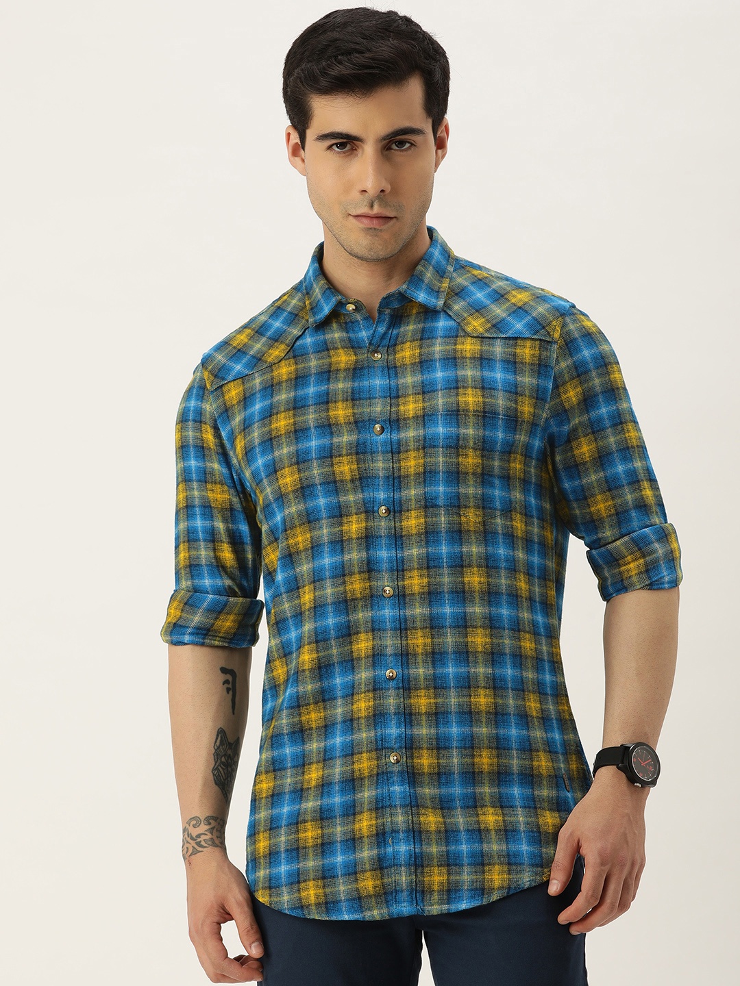 

Peter England Casuals Self-Checked Super Slim Fit Pure Cotton Casual Shirt, Blue