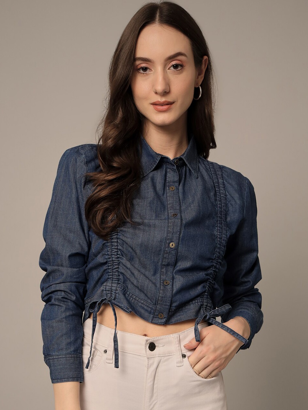 

Yaadleen Women Blue Lightweight Cotton Crop Tailored Jacket