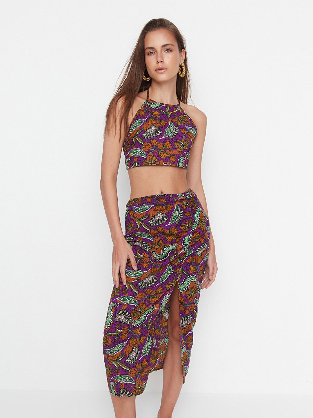 

Trendyol Women Brown and Purple Printed Cotton Top with Skirt Co-Ords Set