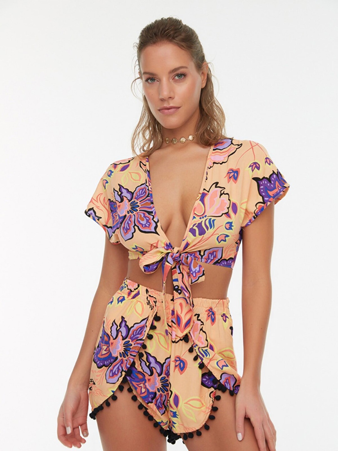 

Trendyol Women Mustard Printed Top with Skirt