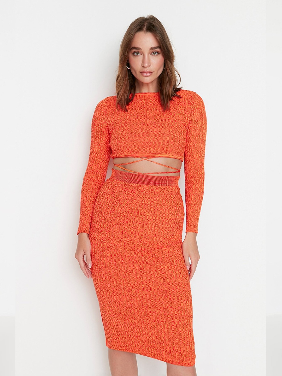 

Trendyol Women Self Design Top With Skirt, Orange