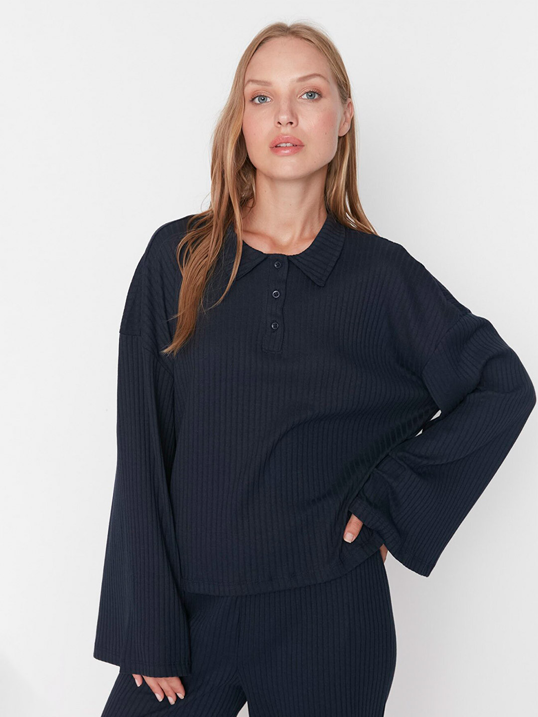

Trendyol Women Navy Blue Striped Polyester Top with Trousers