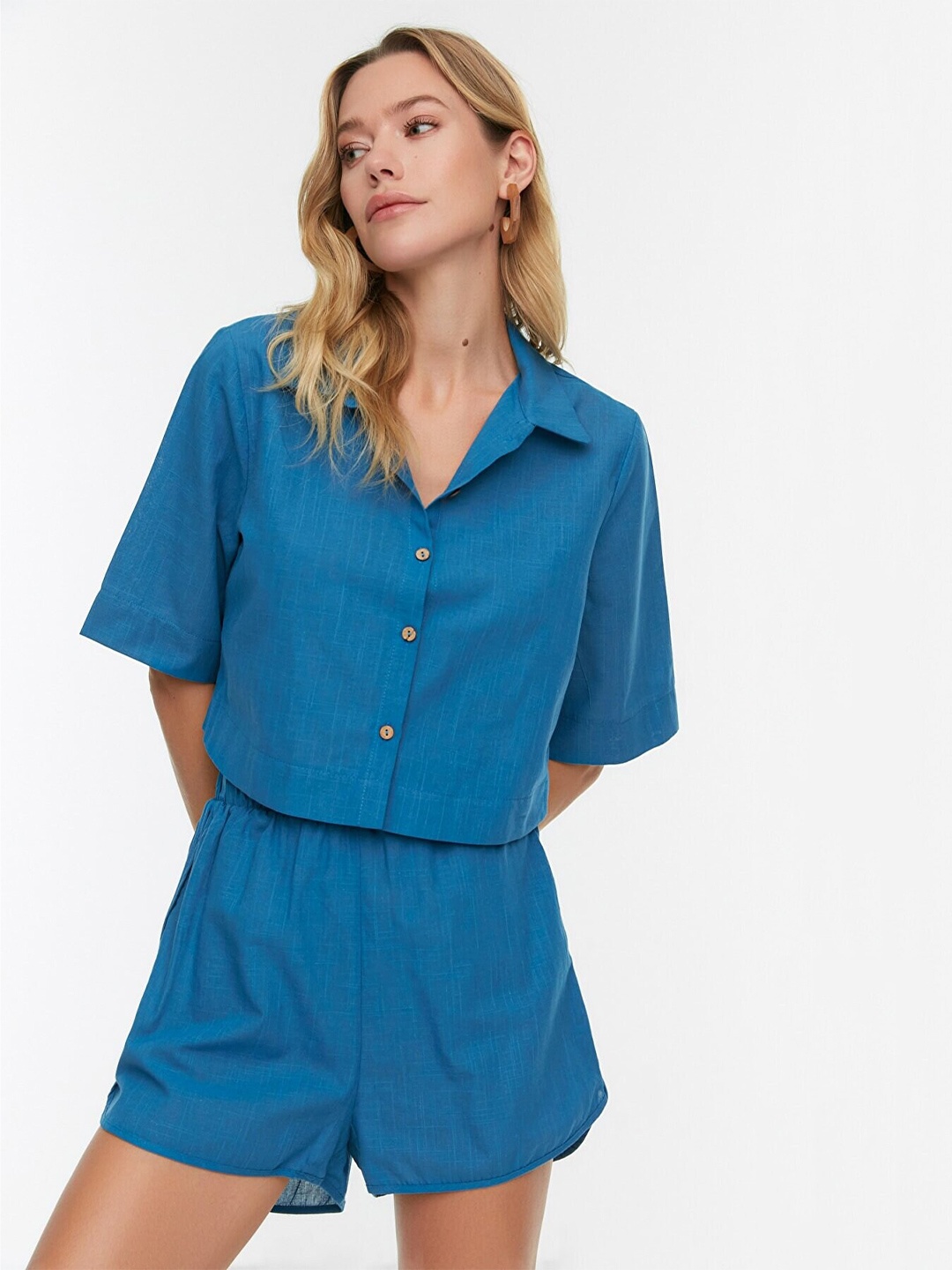 

Trendyol Women Solid Cotton Shirt With Shorts, Blue