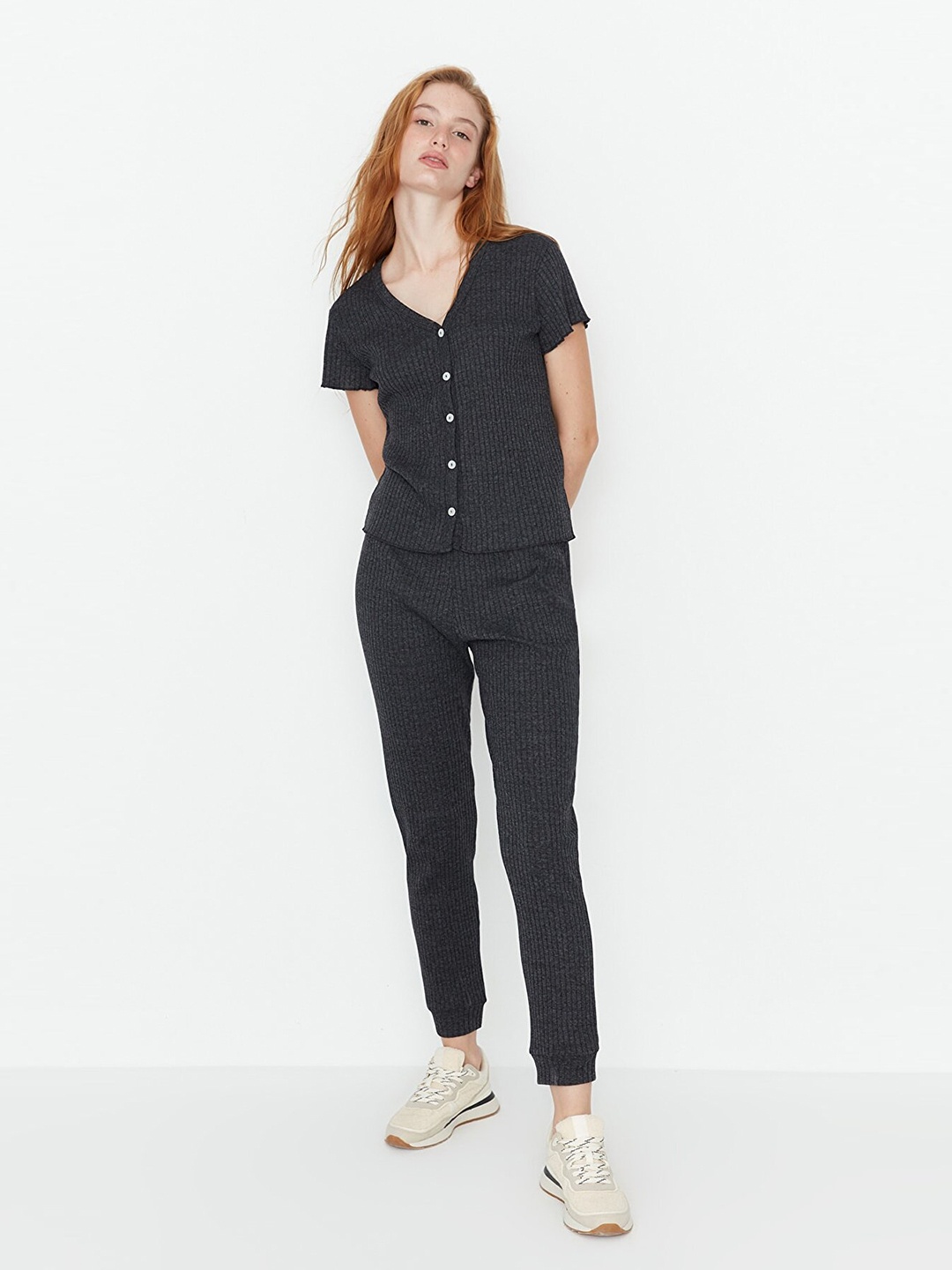 

Trendyol Women Charcoal Shirt with Joggers Co-Ords Set