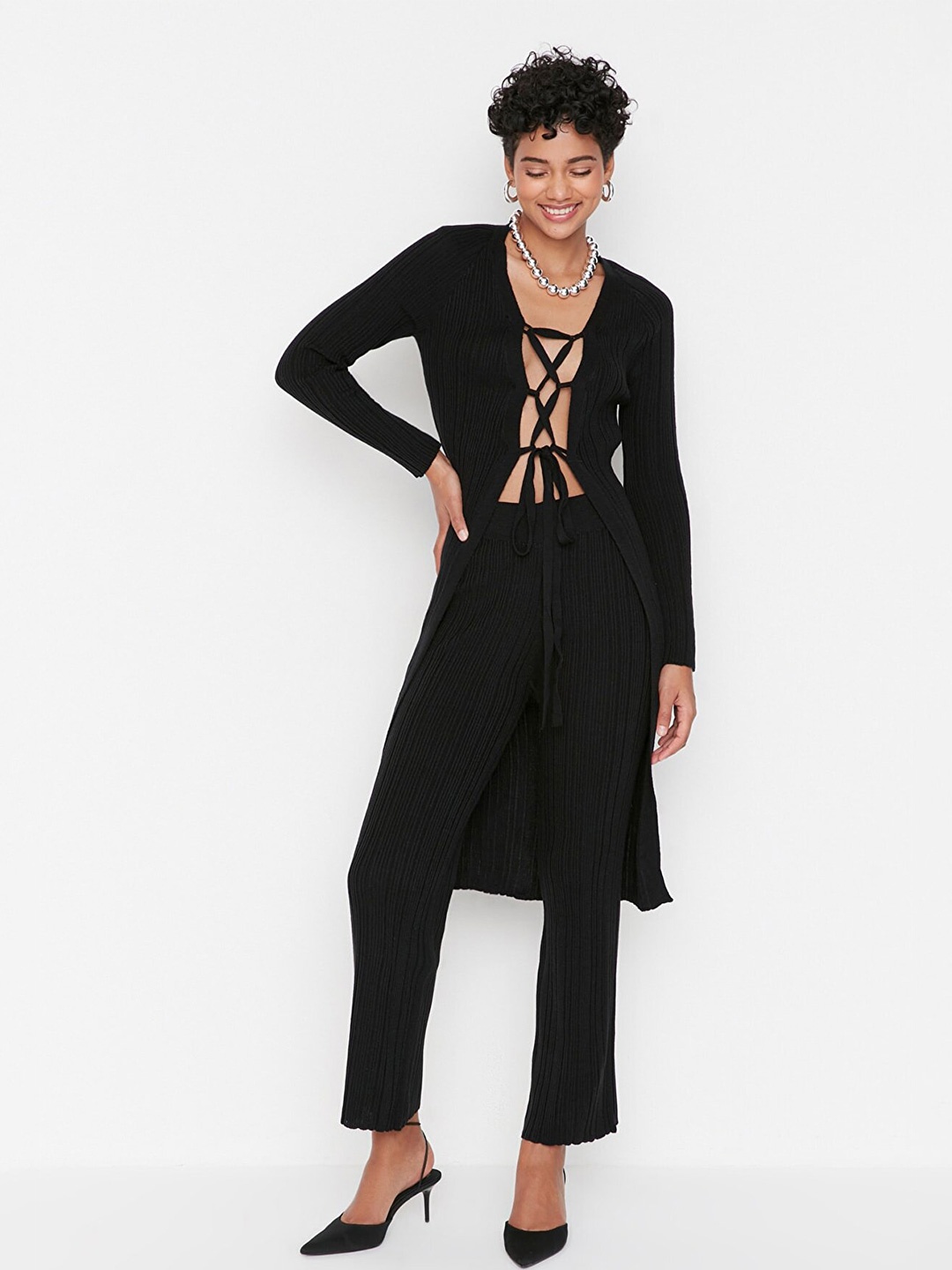 

Trendyol Women Solid Longline Top With Trouser, Black