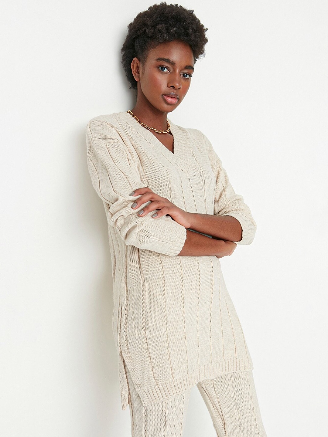 

Trendyol Women Self Design Acrylic Top With Trouser, Beige