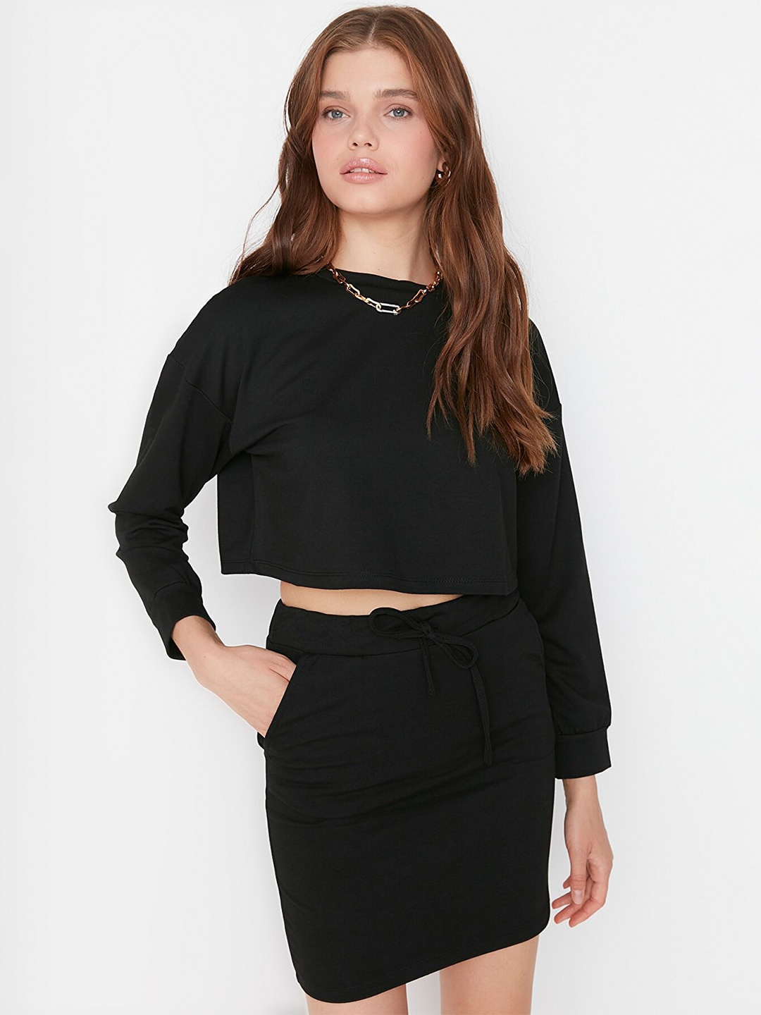 

Trendyol Women Solid Sweatshirt with Skirt, Black