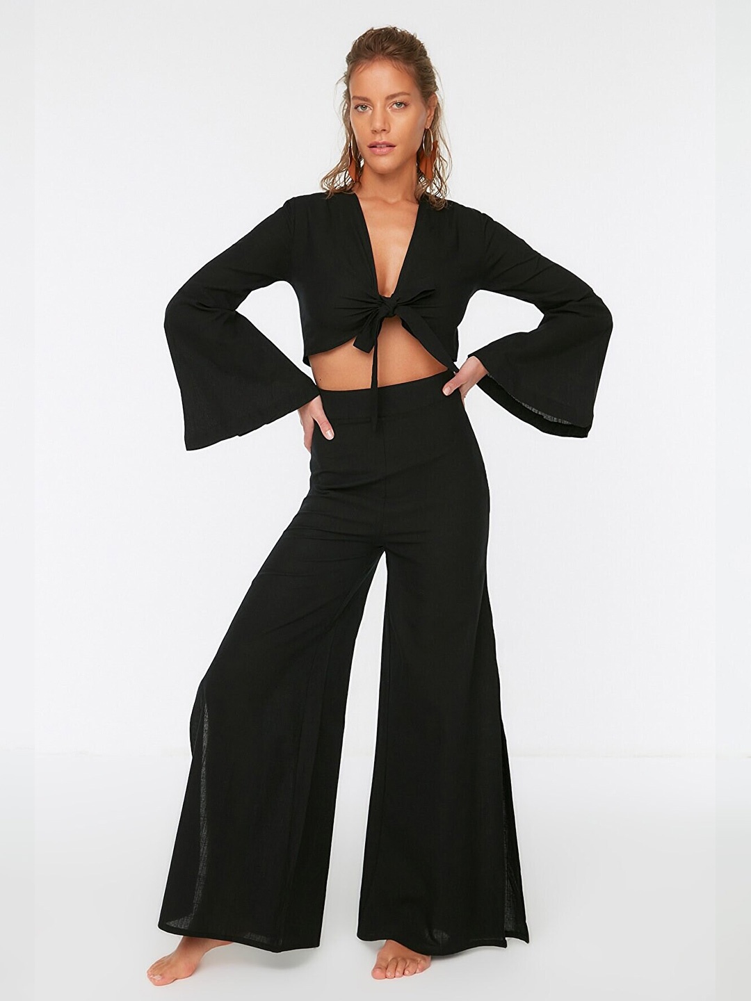 

Trendyol Women Black Pure Cotton Top with Palazzo Co-Ords Set