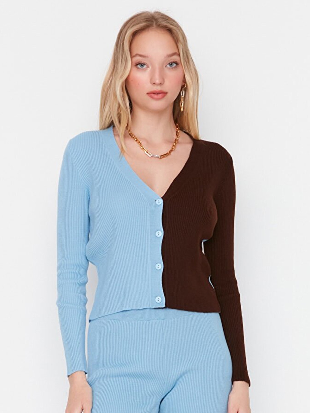 

Trendyol Women Blue & Brown Colourblocked Shirt with Trousers