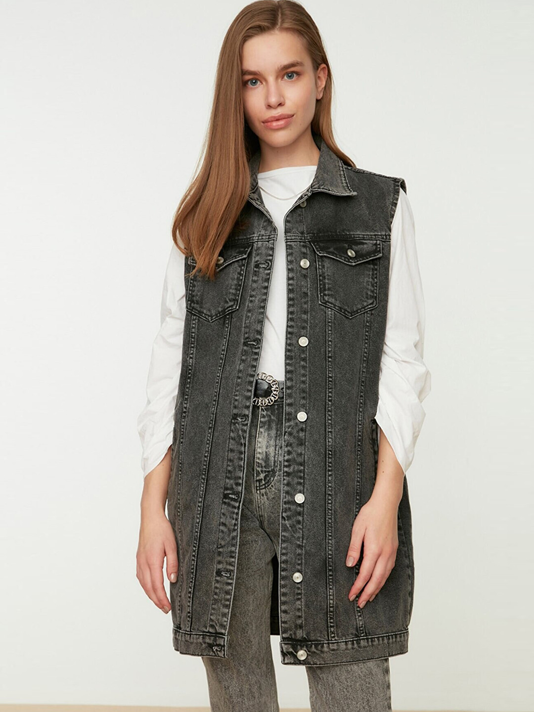 

Trendyol Women Organic Cotton Denim Jacket, Charcoal