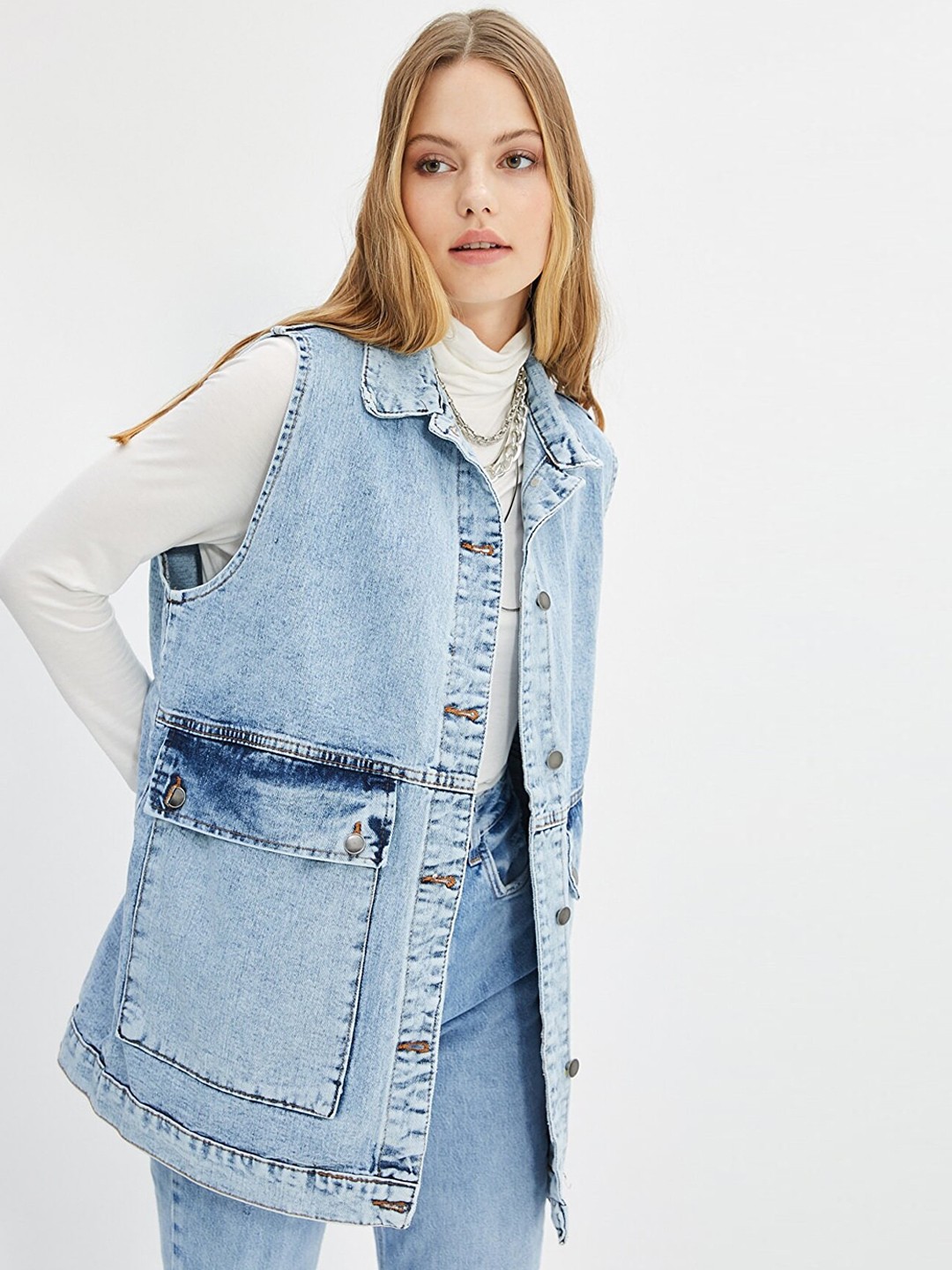 

Trendyol Women Longline Pure Cotton Denim Jacket, Blue