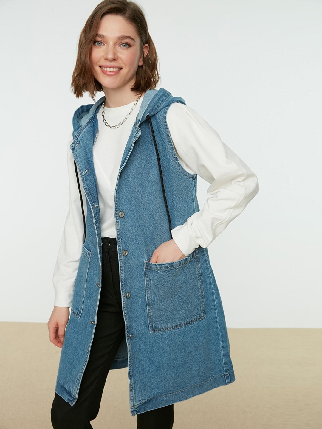 

Trendyol Women Hooded Longline Pure Cotton Denim Jacket, Blue