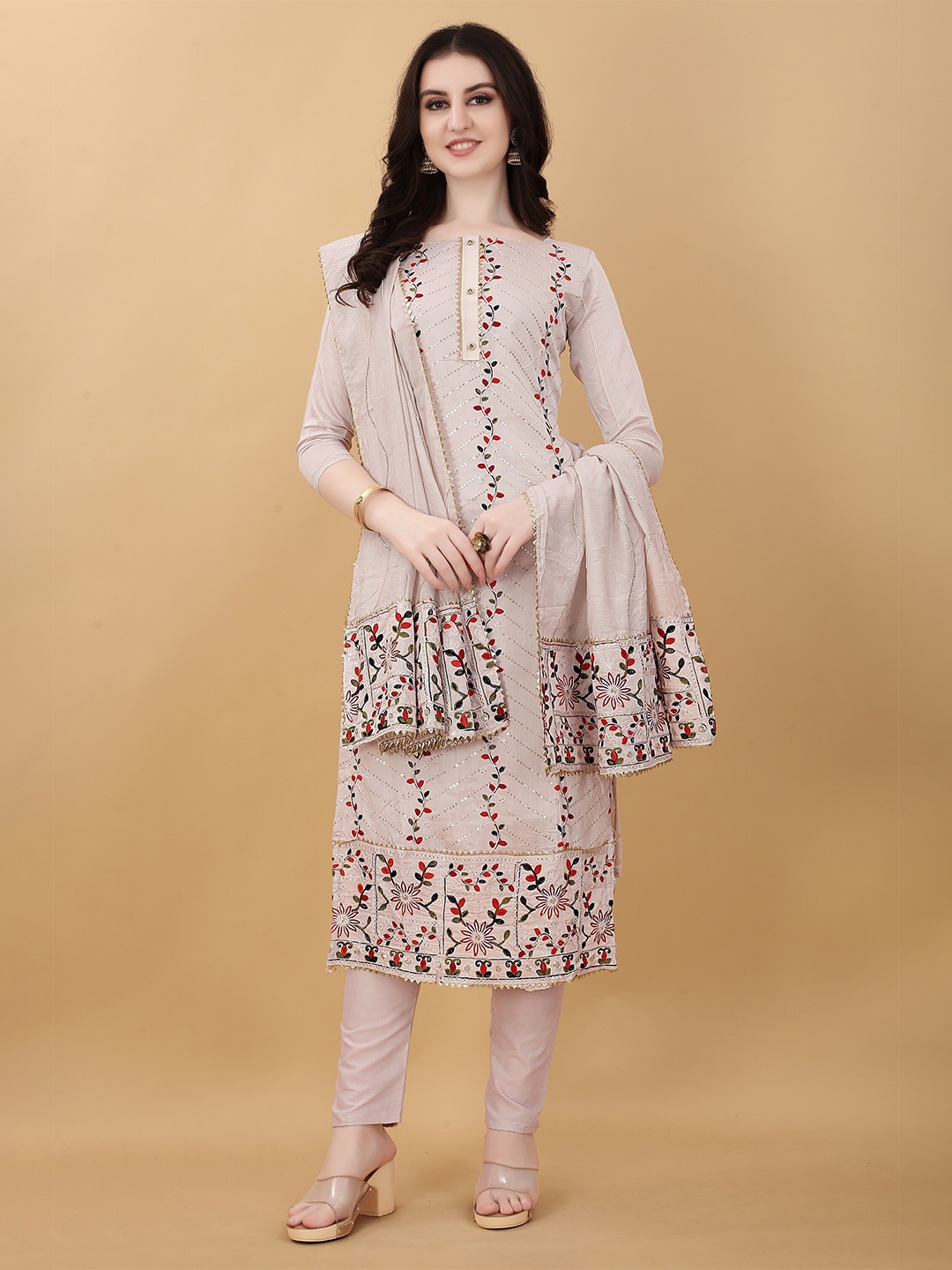 

APPLIX STYLE Grey & Red Embroidered Unstitched Dress Material