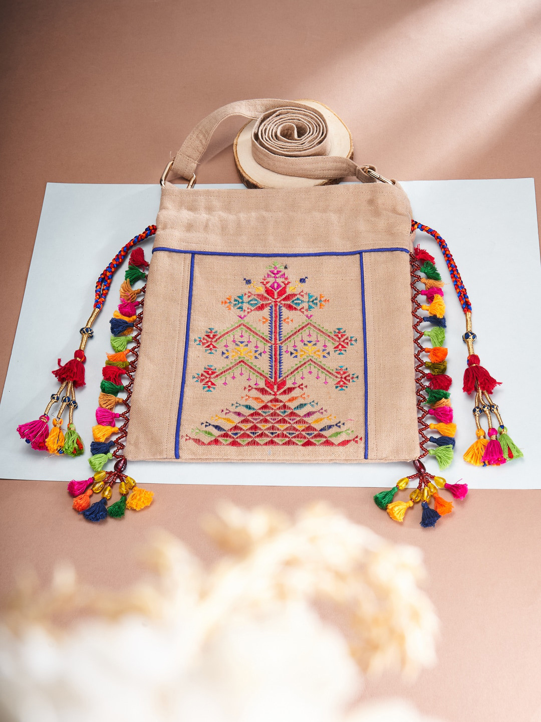 

Fabindia Beige Ethnic Motifs Embroidered Cotton Linen Sling Bag