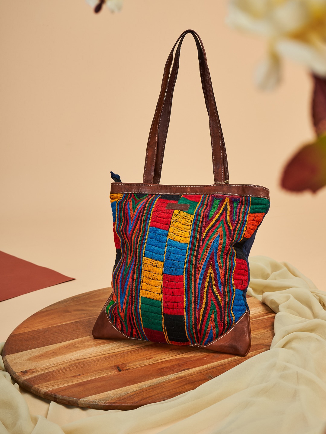 

Fabindia Red Embellished Leather Structured Shoulder Bag