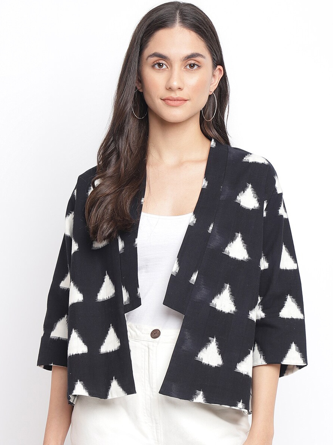 

Fabindia Women Black White Open Front Jacket
