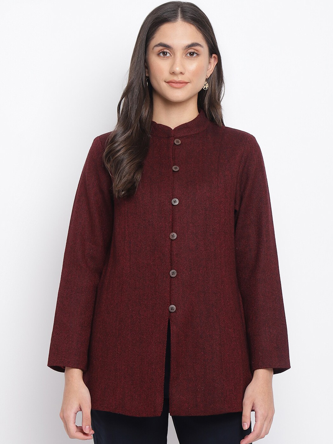 

Fabindia Women Maroon Longline Wool Tailored Jacket