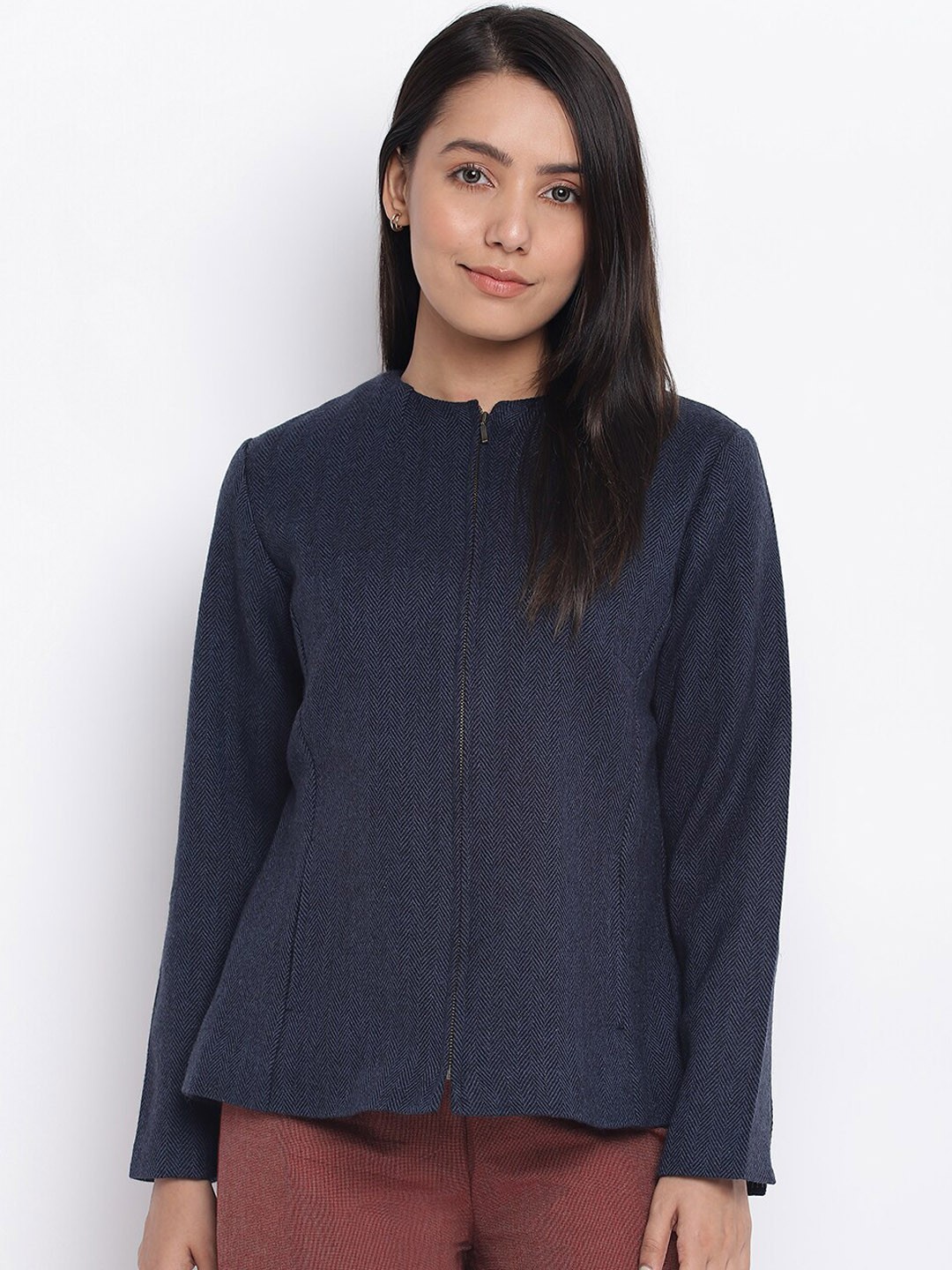 

Fabindia Women Blue Wool Open Front Jacket