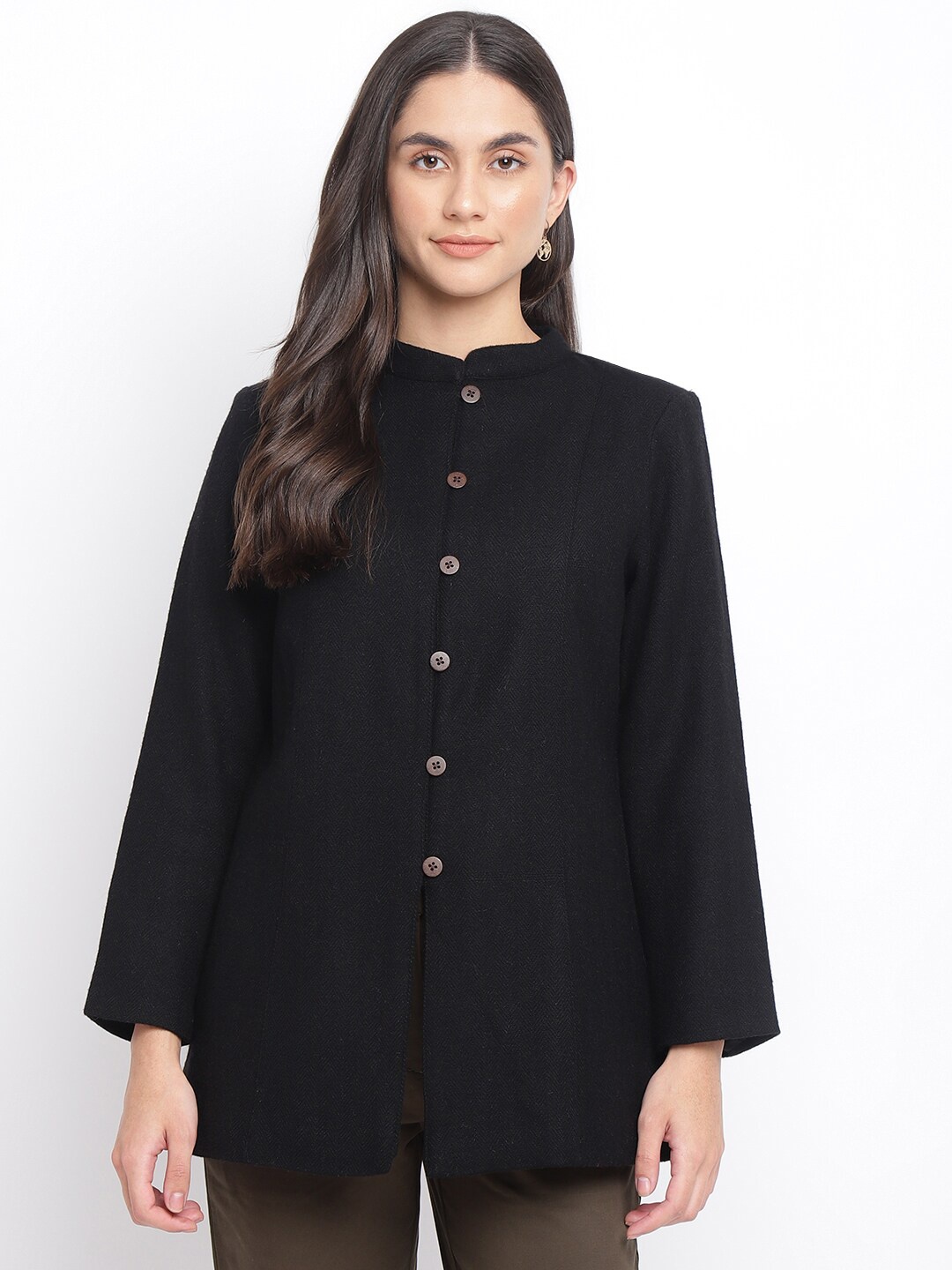 

Fabindia Women Black Longline Tailored Jacket