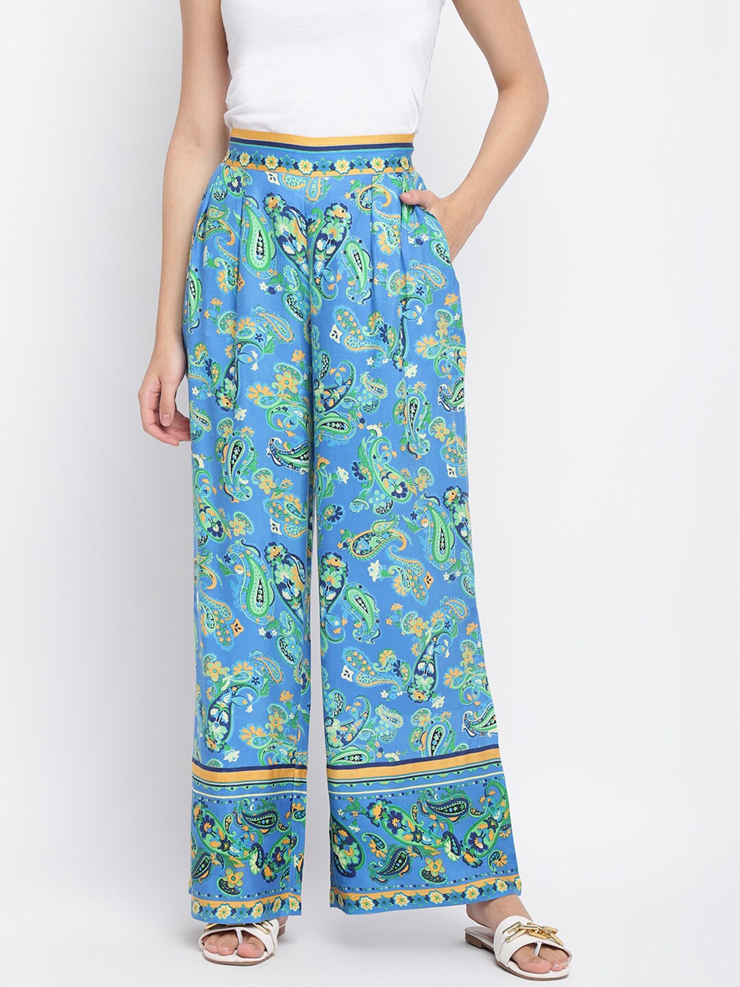 

Fabindia Women Blue & Green Ethnic Motifs Printed Palazzos