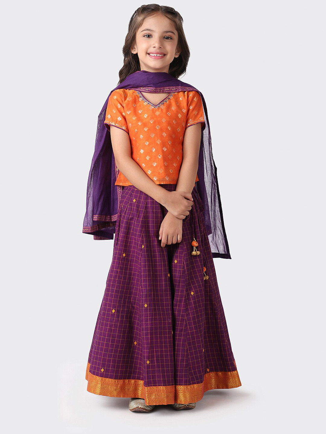 

Fabindia Girls Purple & Orange Woven Design Ready to Wear Lehenga & Blouse With Dupatta