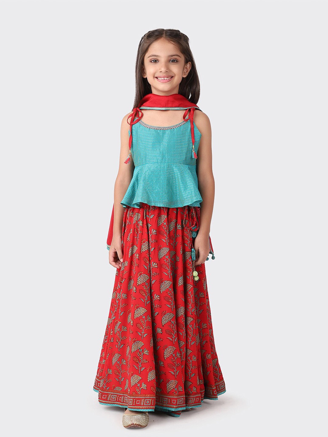 

Fabindia Girls Red & Blue Printed Ready to Wear Lehenga & Blouse With Dupatta