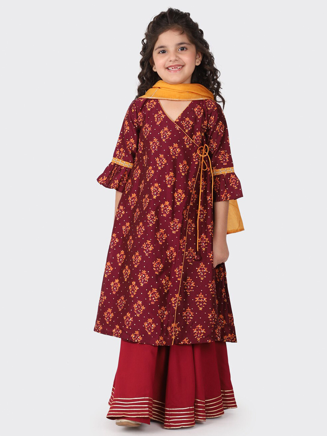 

Fabindia Girls Maroon Floral Printed Angrakha Pure Cotton Kurta with Palazzos & With Dupatta