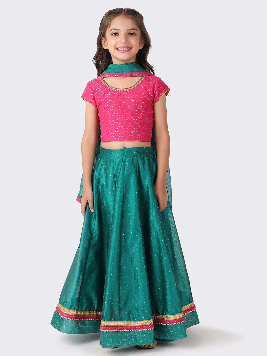 

Fabindia Girls Green & Pink Ready to Wear Lehenga With Blouse & Dupatta