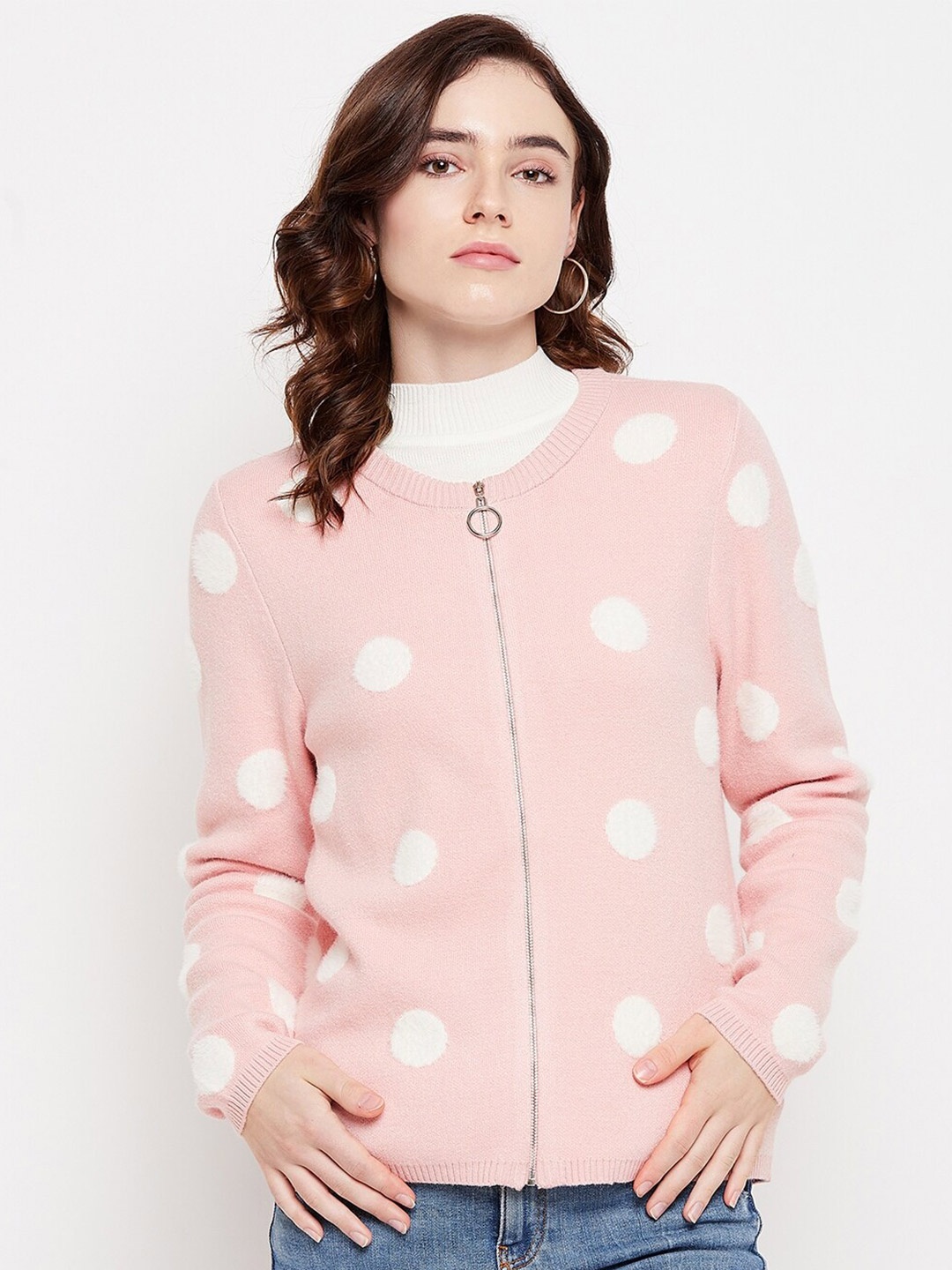 

Madame Women Peach Colored & White Printed Acrylic Sweater