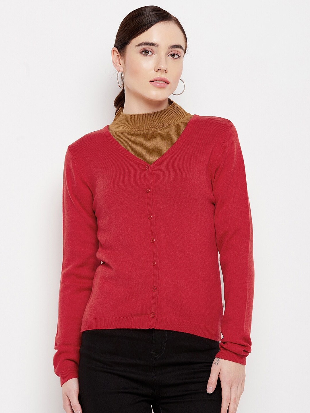 

Madame Women Red Solid Cardigan
