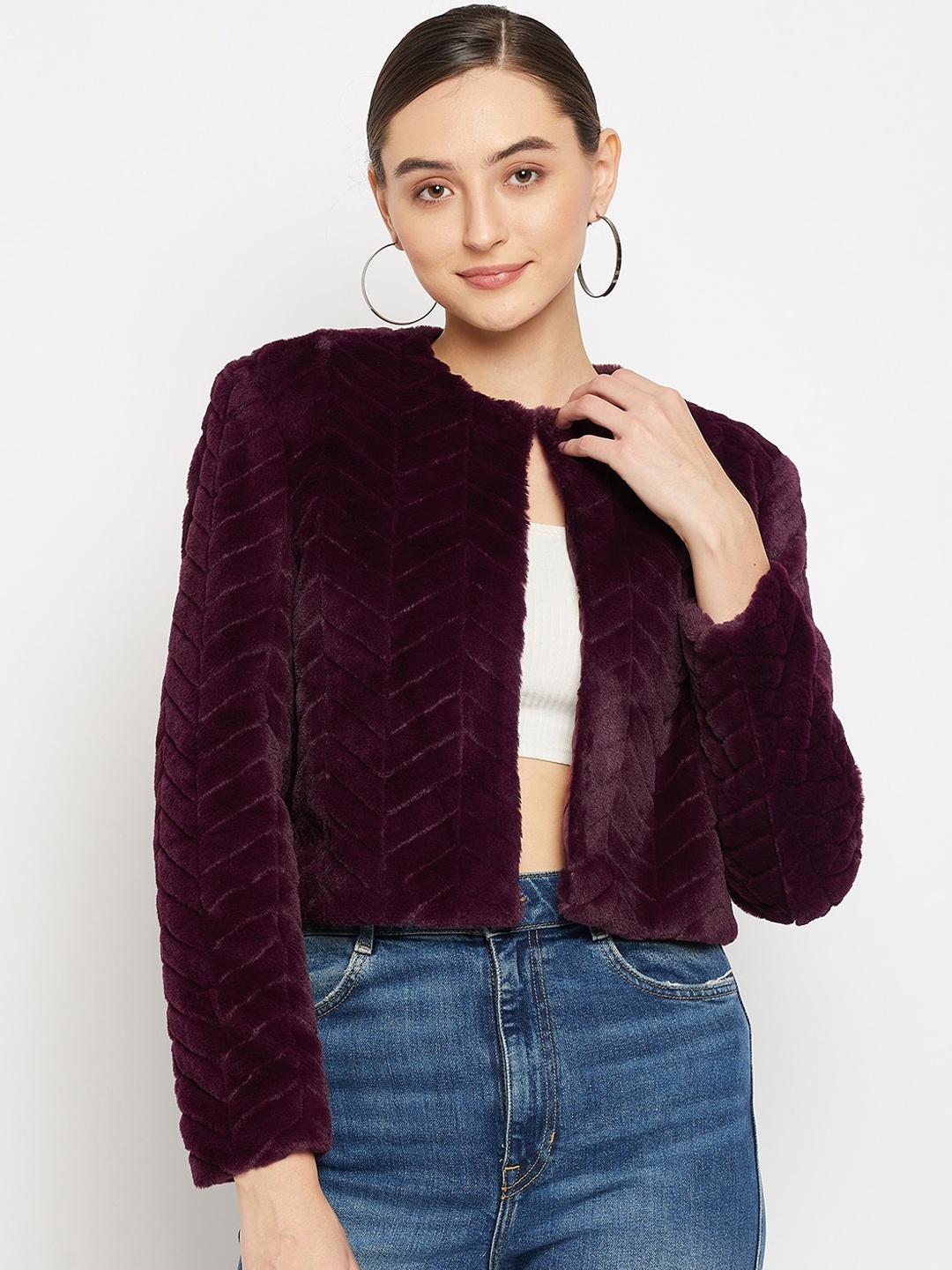 

Madame Women Maroon Self-Design Open-Front Blazers