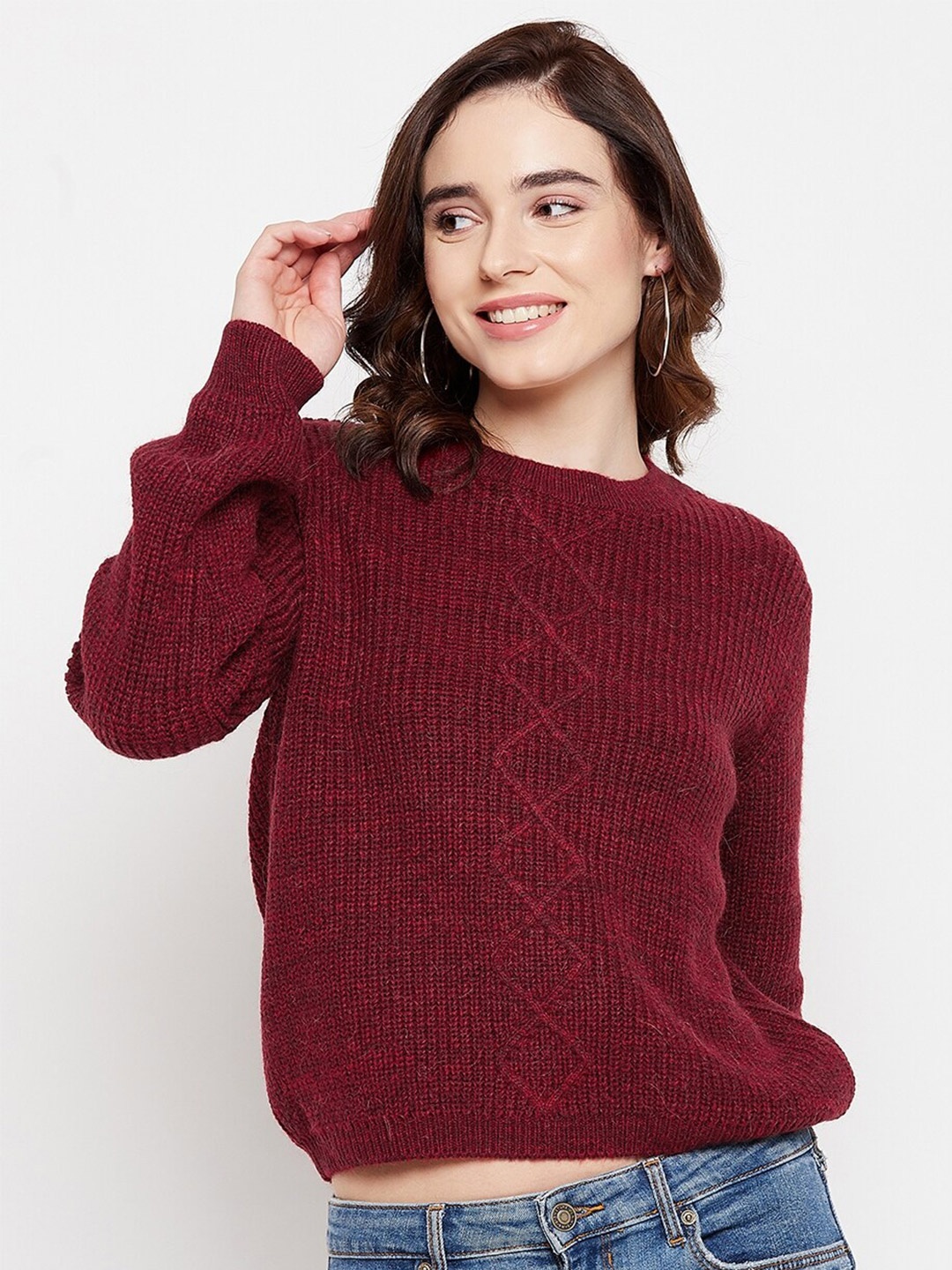 

Madame Women Maroon Cable Knit Pullover