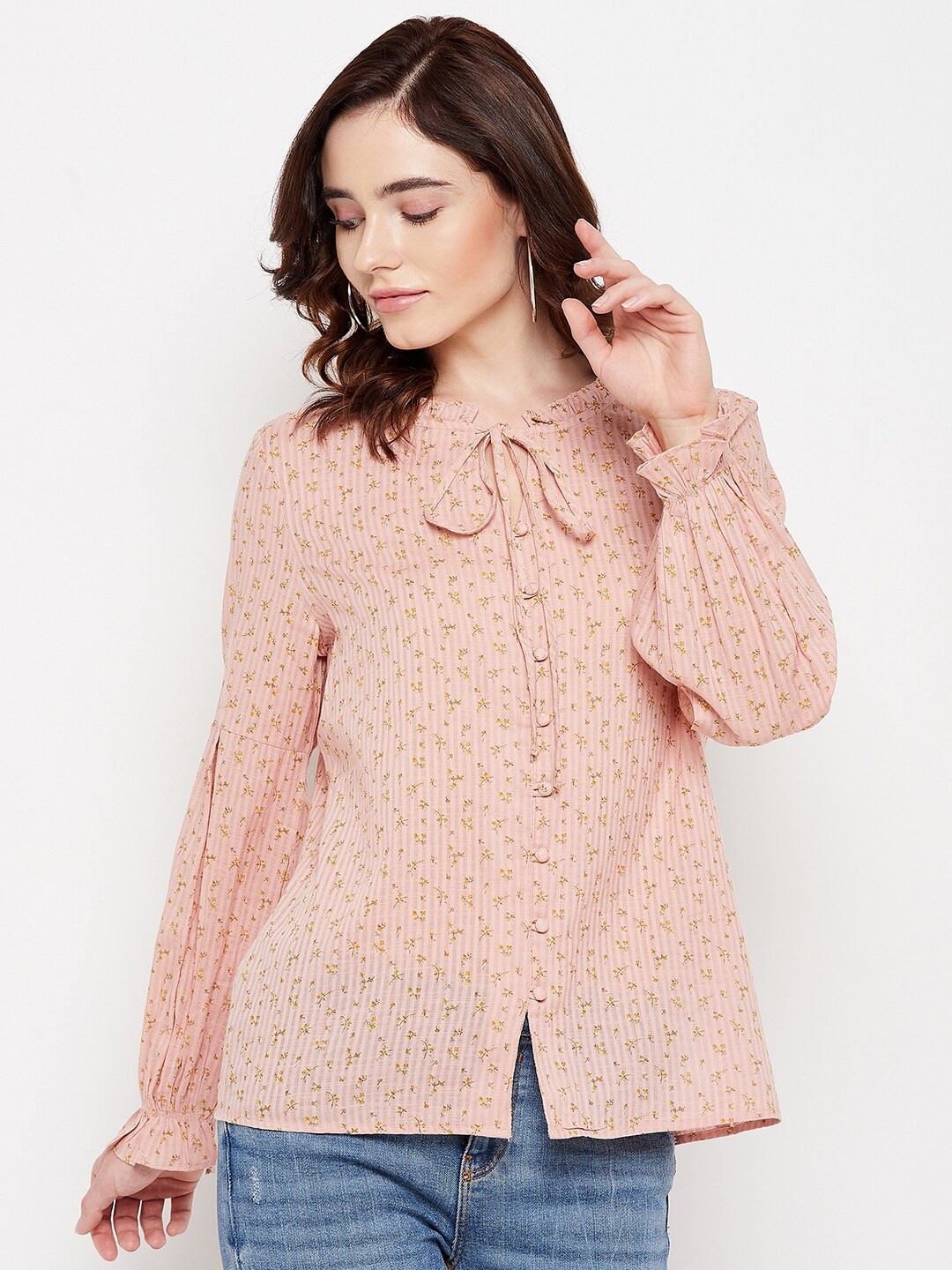 

Madame Peach-Coloured Printed Tie-Up Neck Shirt Style Top