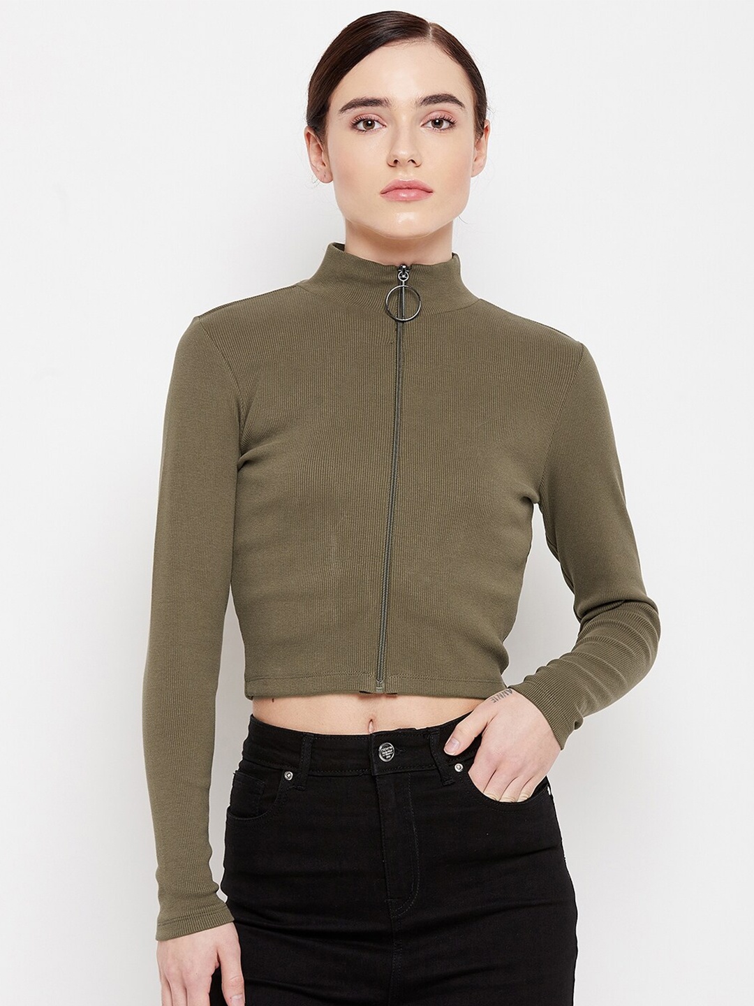

Madame Women Olive Green Zip Closure Crop Top