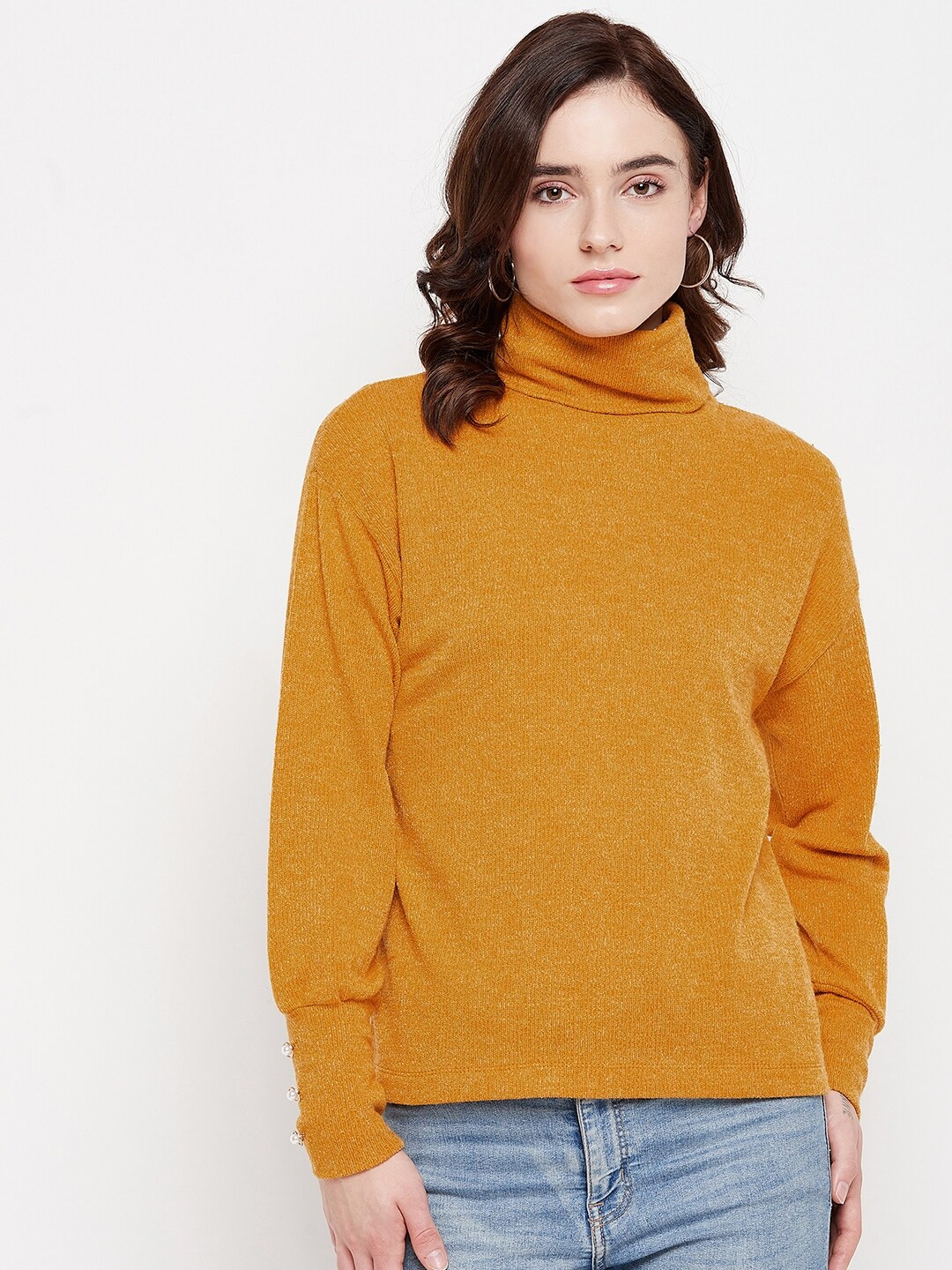 

Madame Women Mustard Yellow Solid Turtle Neck Pullover