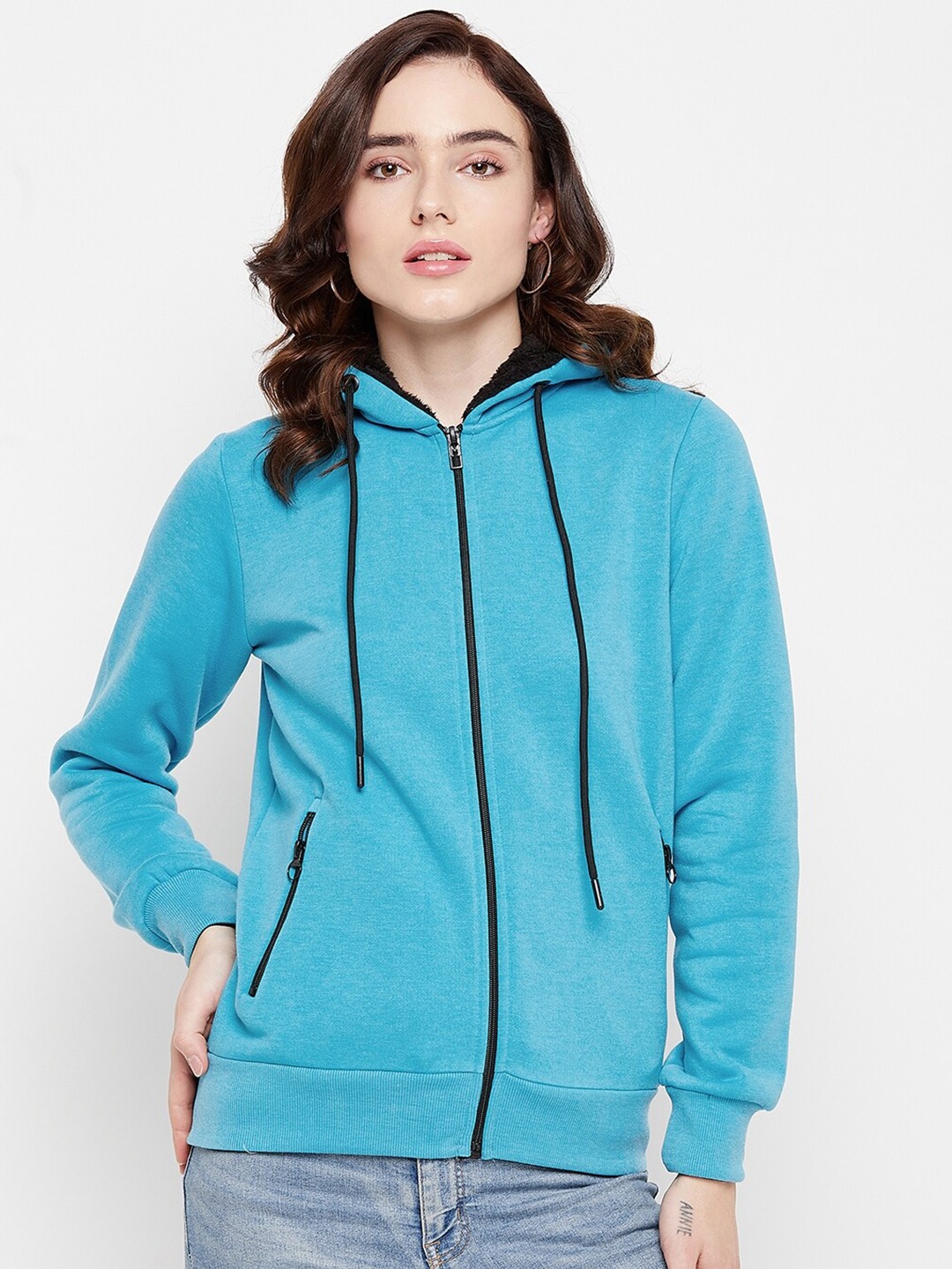 

Madame Women Blue Solid Hooded Cotton Sweatshirt