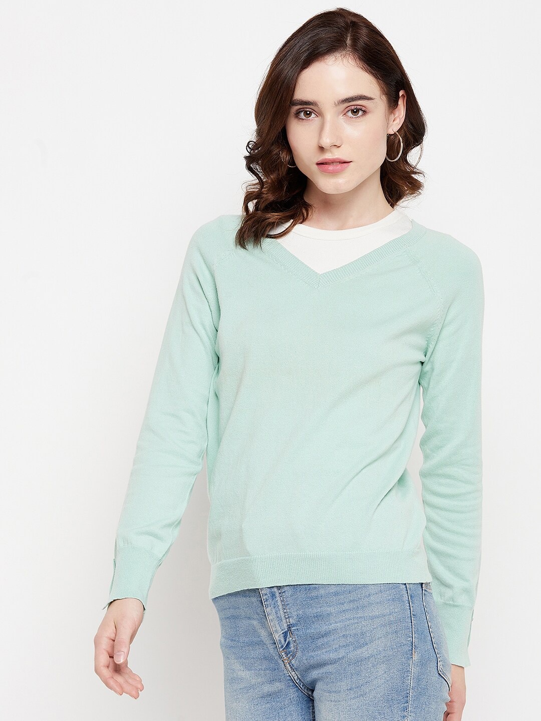 

Madame Women Green Solid Ribbed Pullover