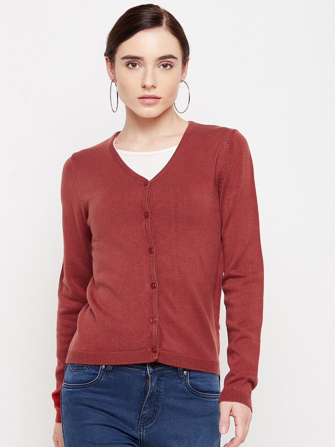 

Madame Women Rust V-Neck Acrylic Cardigan