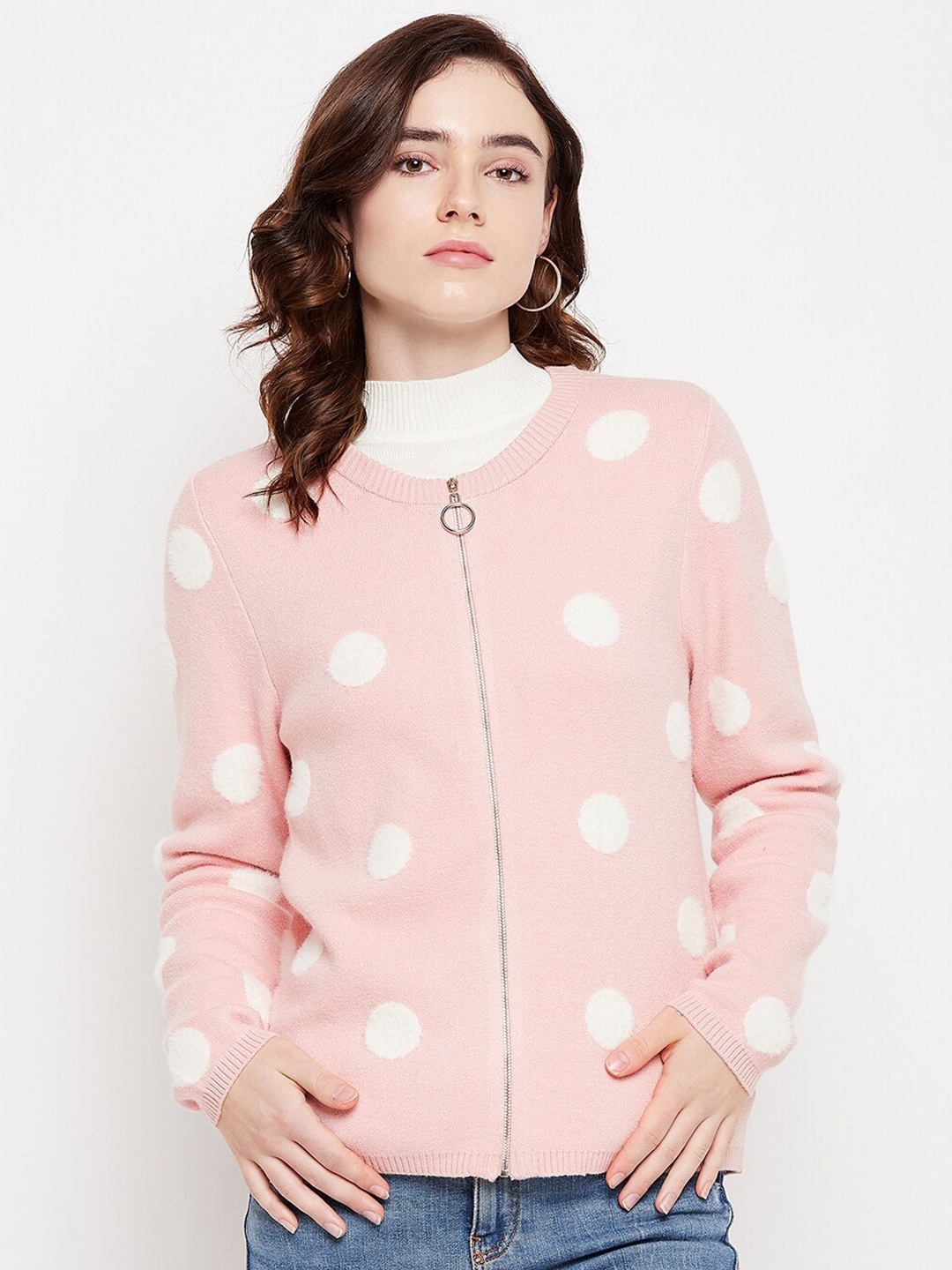 

Madame Women Peach-Coloured & White Self Design Sweater