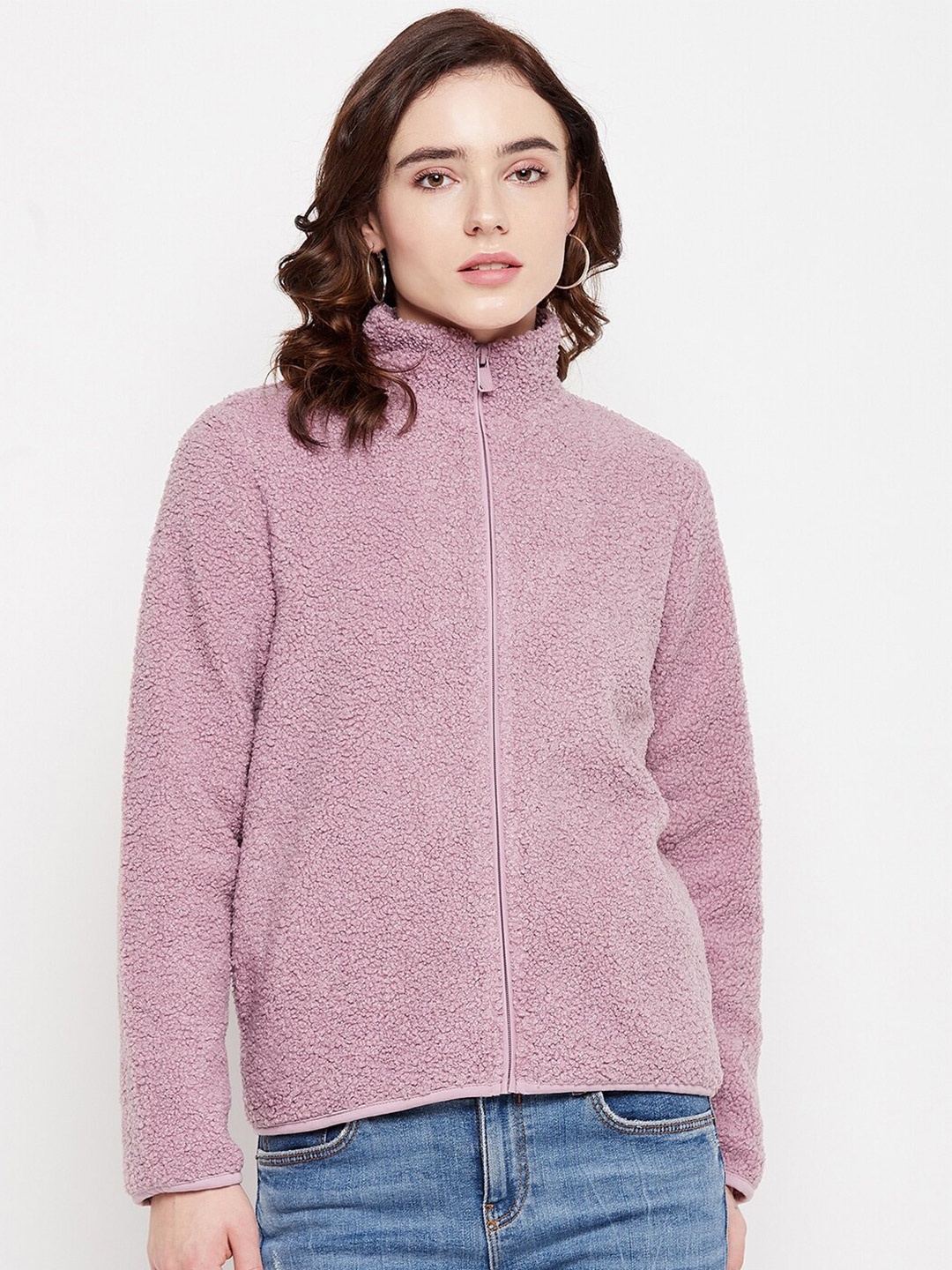 

Madame Women Purple Solid Cotton Front-Open Sweatshirt