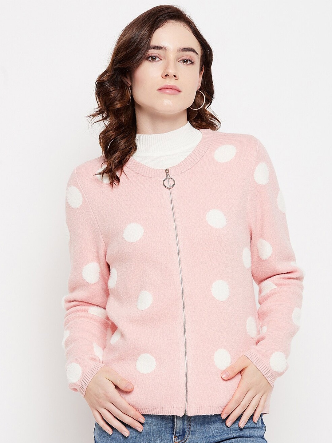 

Madame Women Peach-Coloured & White Printed Cardigan with Zip Detail Detail