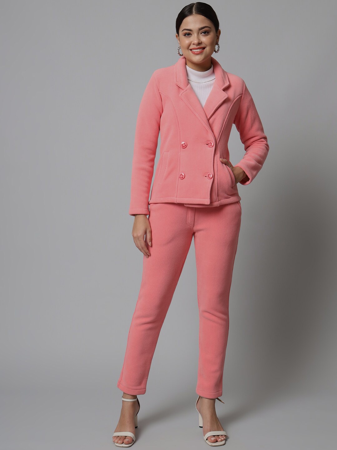 BROOWL Women Pink Solid Double-Breasted Corduroy Co-Ords Set