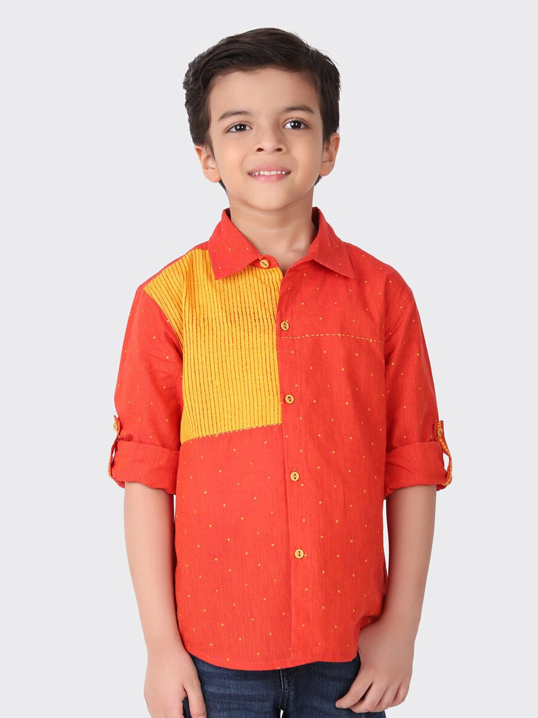 

Fabindia Boys Orange & Yellow Printed Cotton Casual Shirt