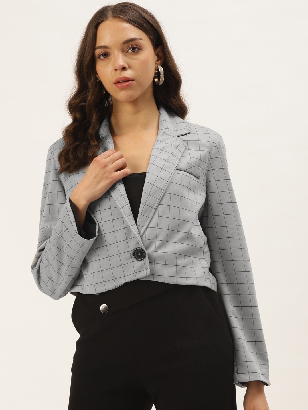 

Zastraa Women Grey Checked Single-Breasted Blazer