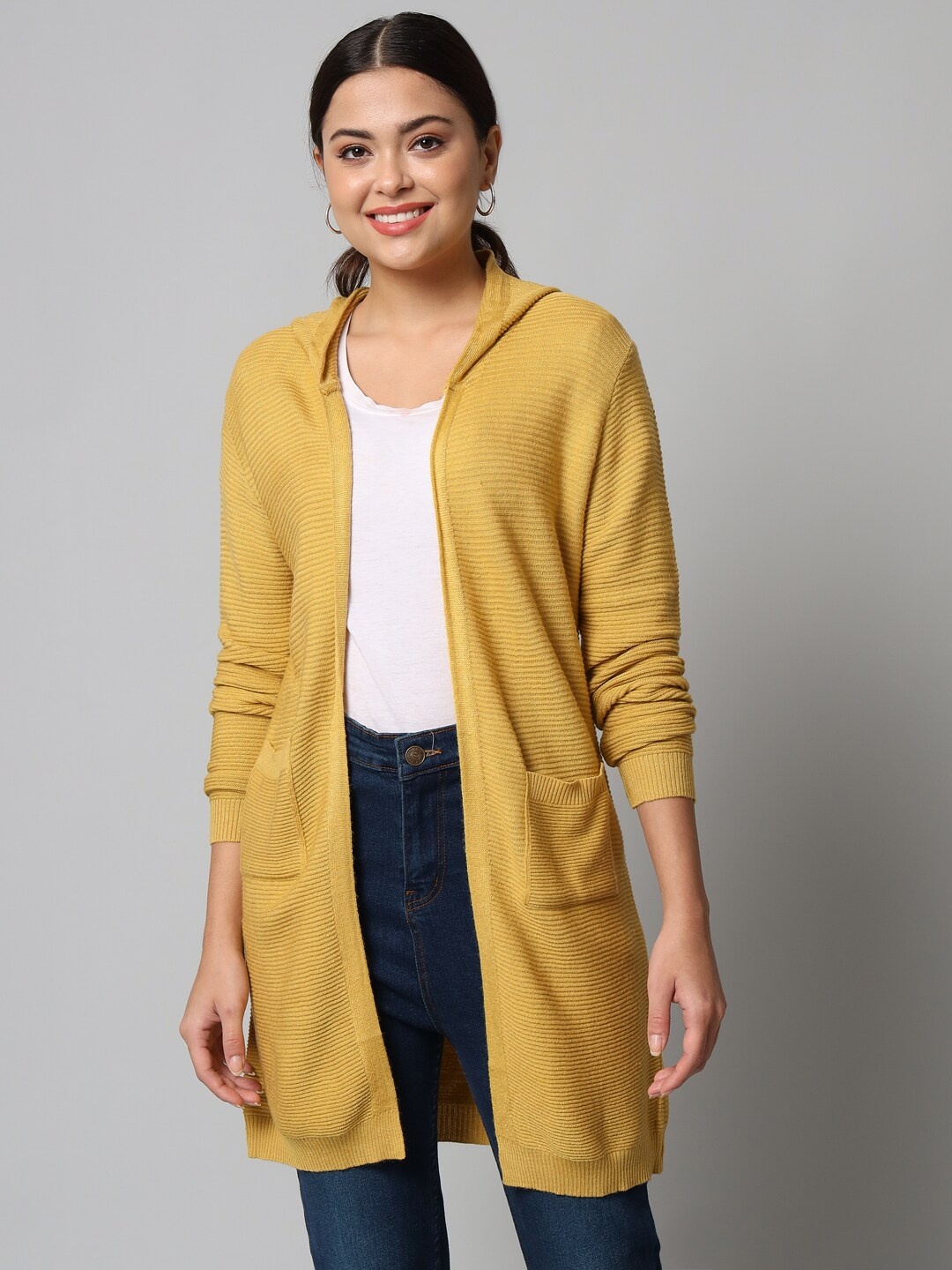 

BROOWL Women Mustard Striped Longline Hooded Shrug